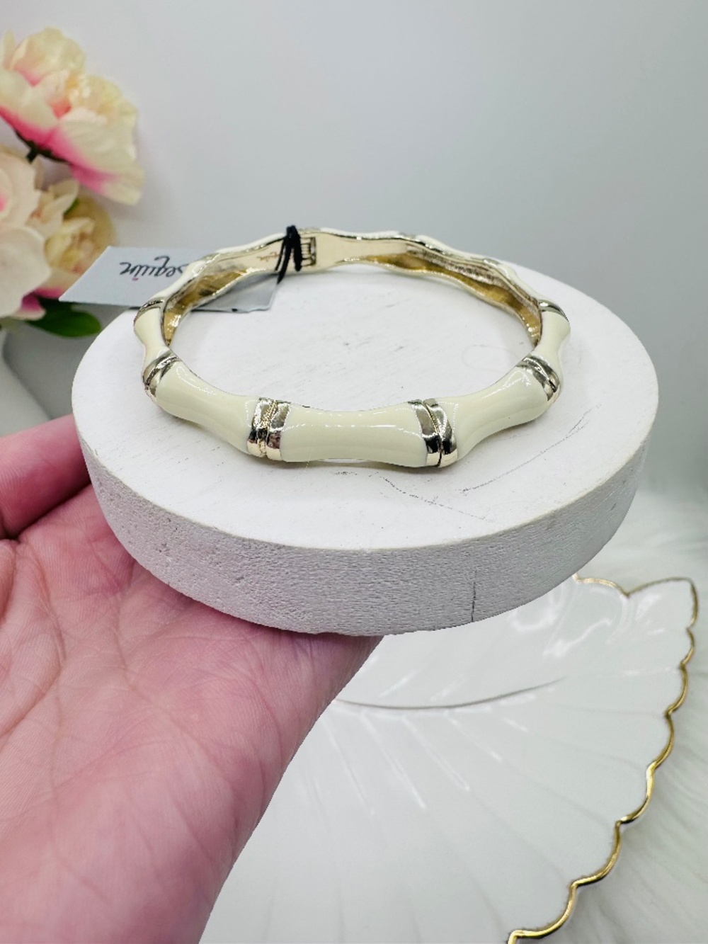 Sequin Cream Bamboo Style Hinged Bangle Bracelet Gold Tone
